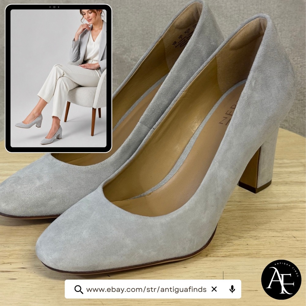 Naturalizer Gloria Light Grey Suede Block Heel Pumps Womens 7W Round Toe Shoes